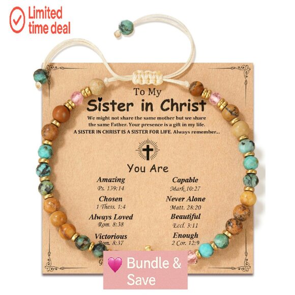 Christian Cross Bracelet with Natural Stones, Adjustable Elastic, Scripture Card - Picture 1 of 8